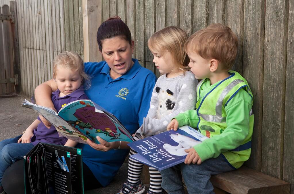Children reading outdoors