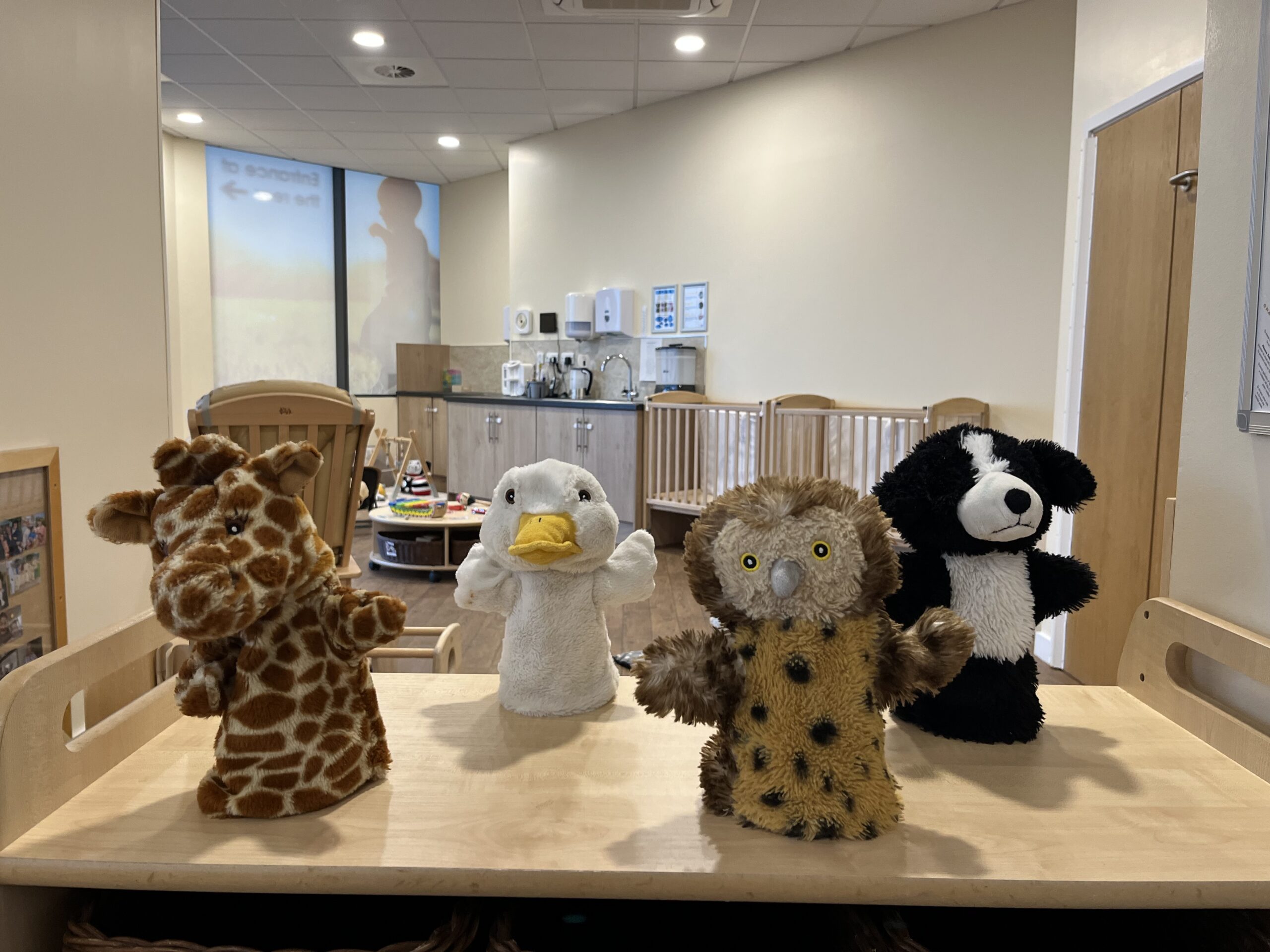four puppets lined up on a table ready for children to play with