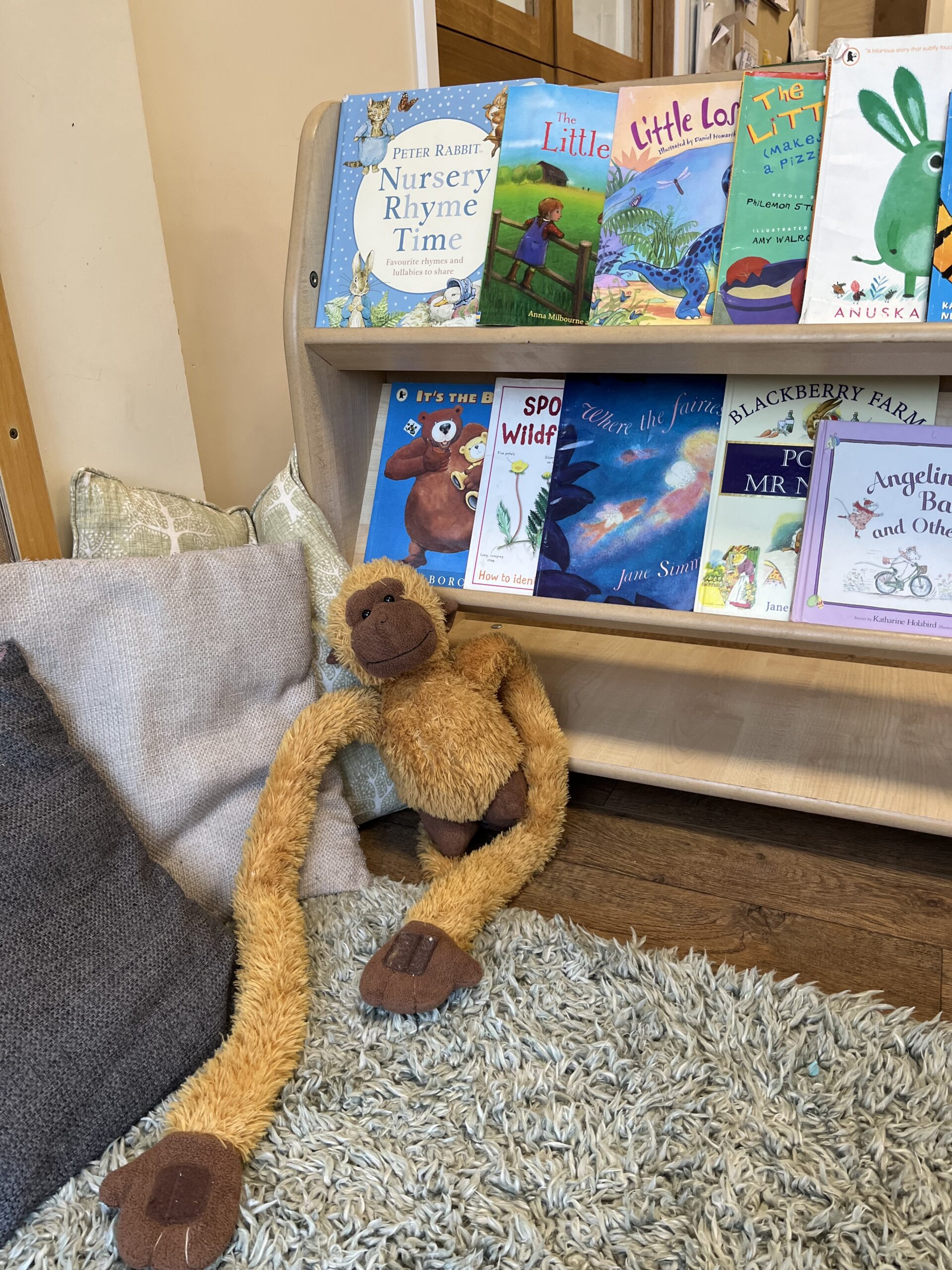 a toy monkey sat between pillows Infront of book shelf