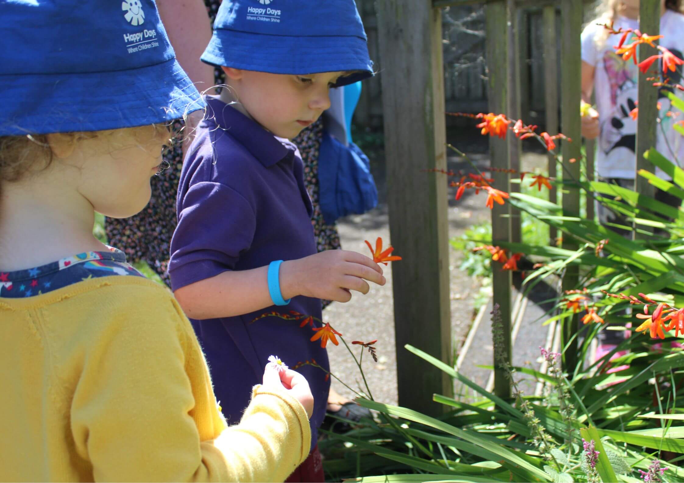 Children outdoors picking flowers