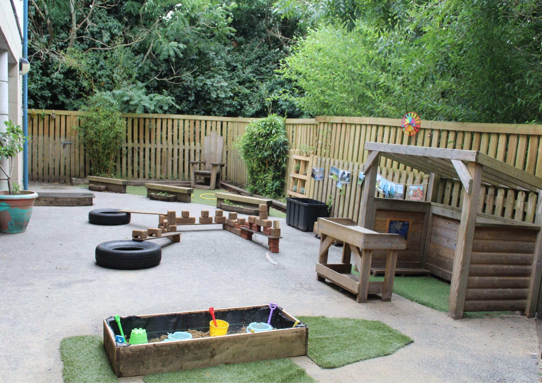 Outdoor seating and learning at nursery