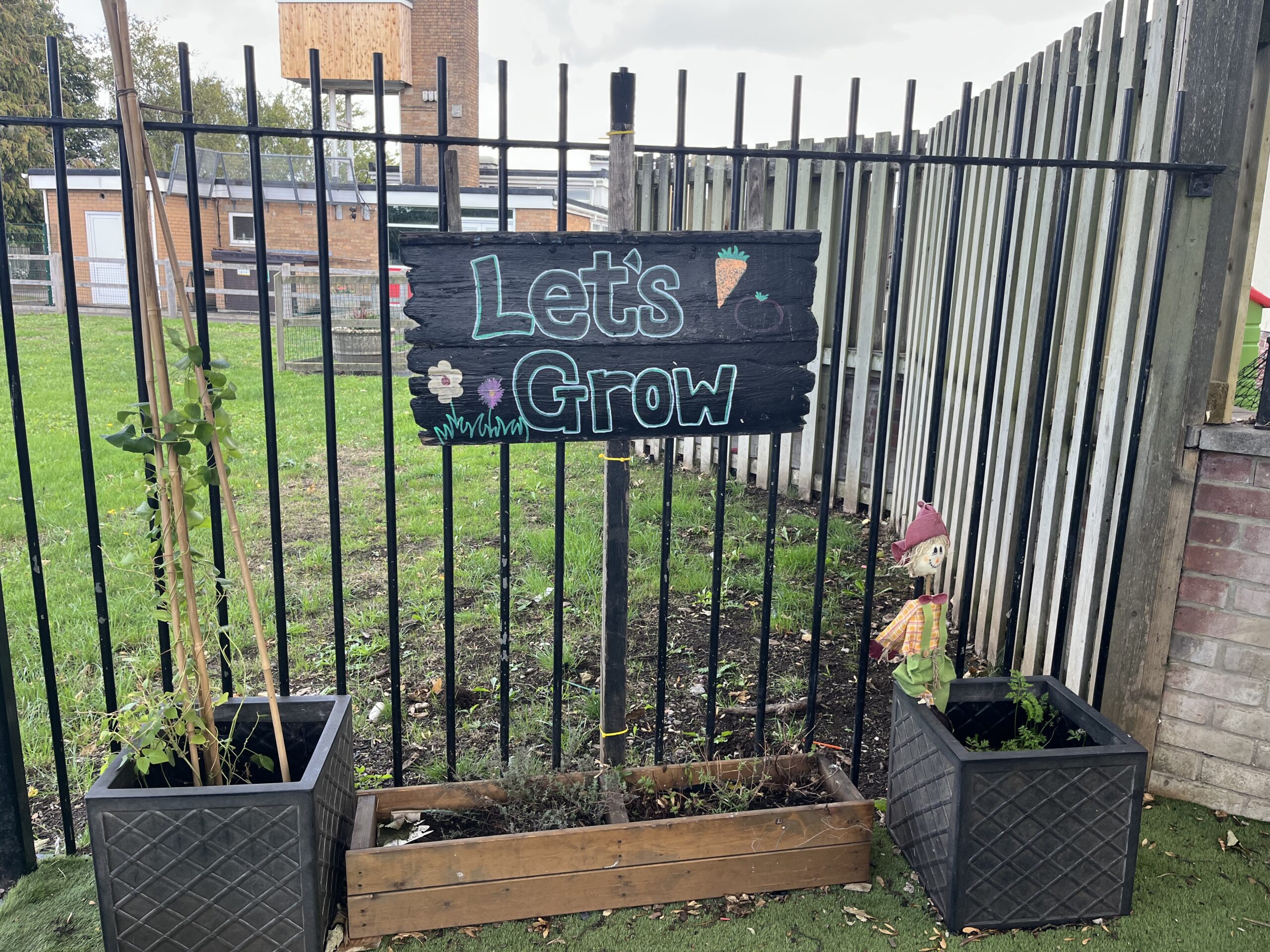 Lets grow activity set up in the garden at Saltford with lets grow sign hanging on the fence in background and plant pots and planters with various plants growing in them, placed on the floor, below sign.