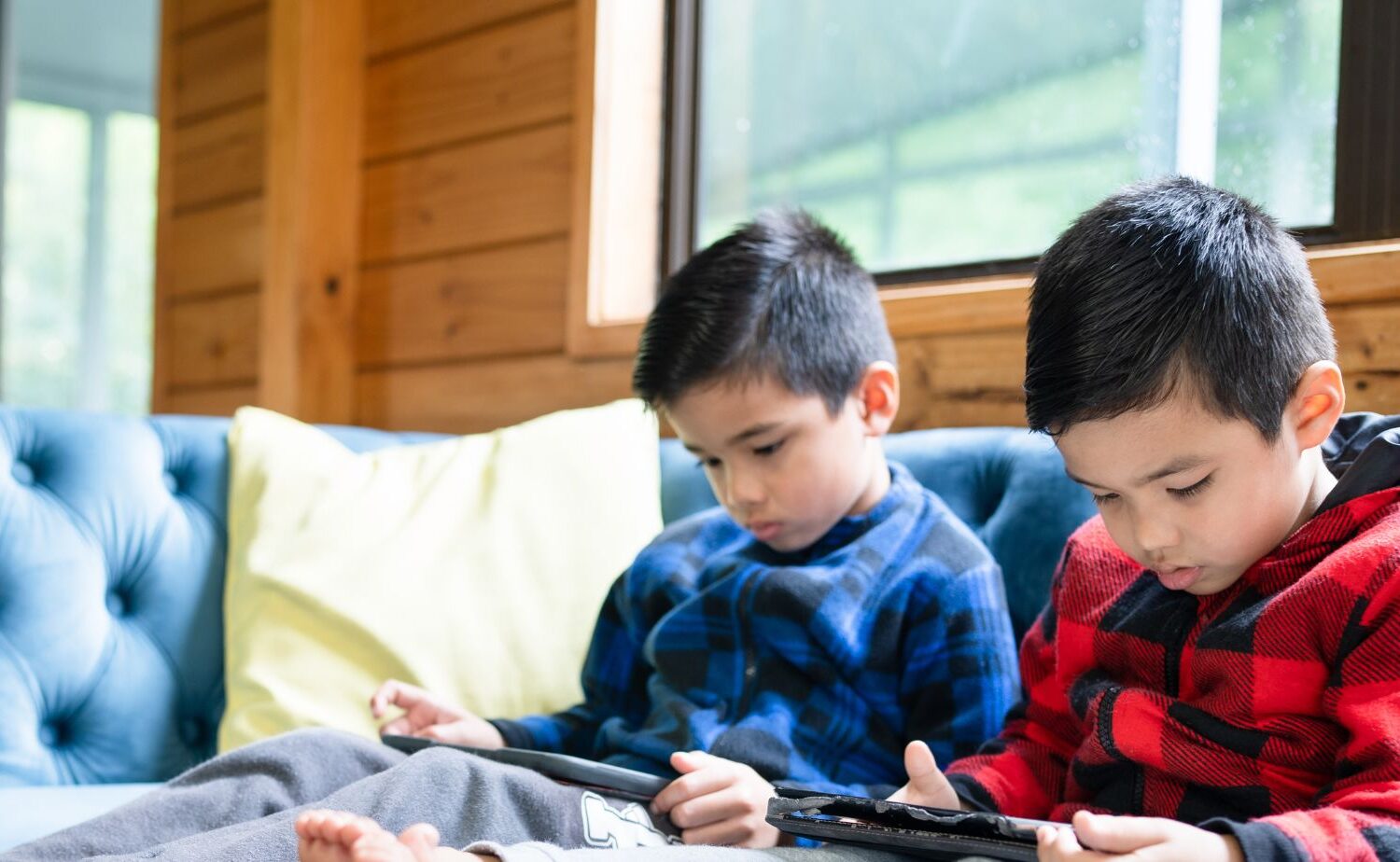 Two boys looking at ipads on the sofa