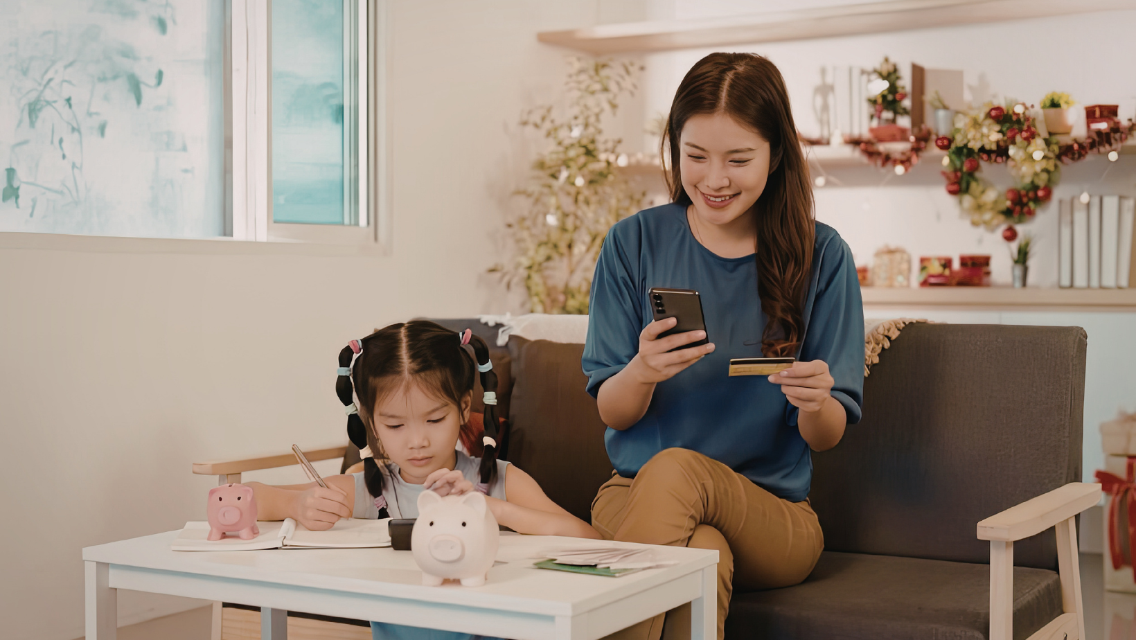 a mother and child, child playing, mum on phone
